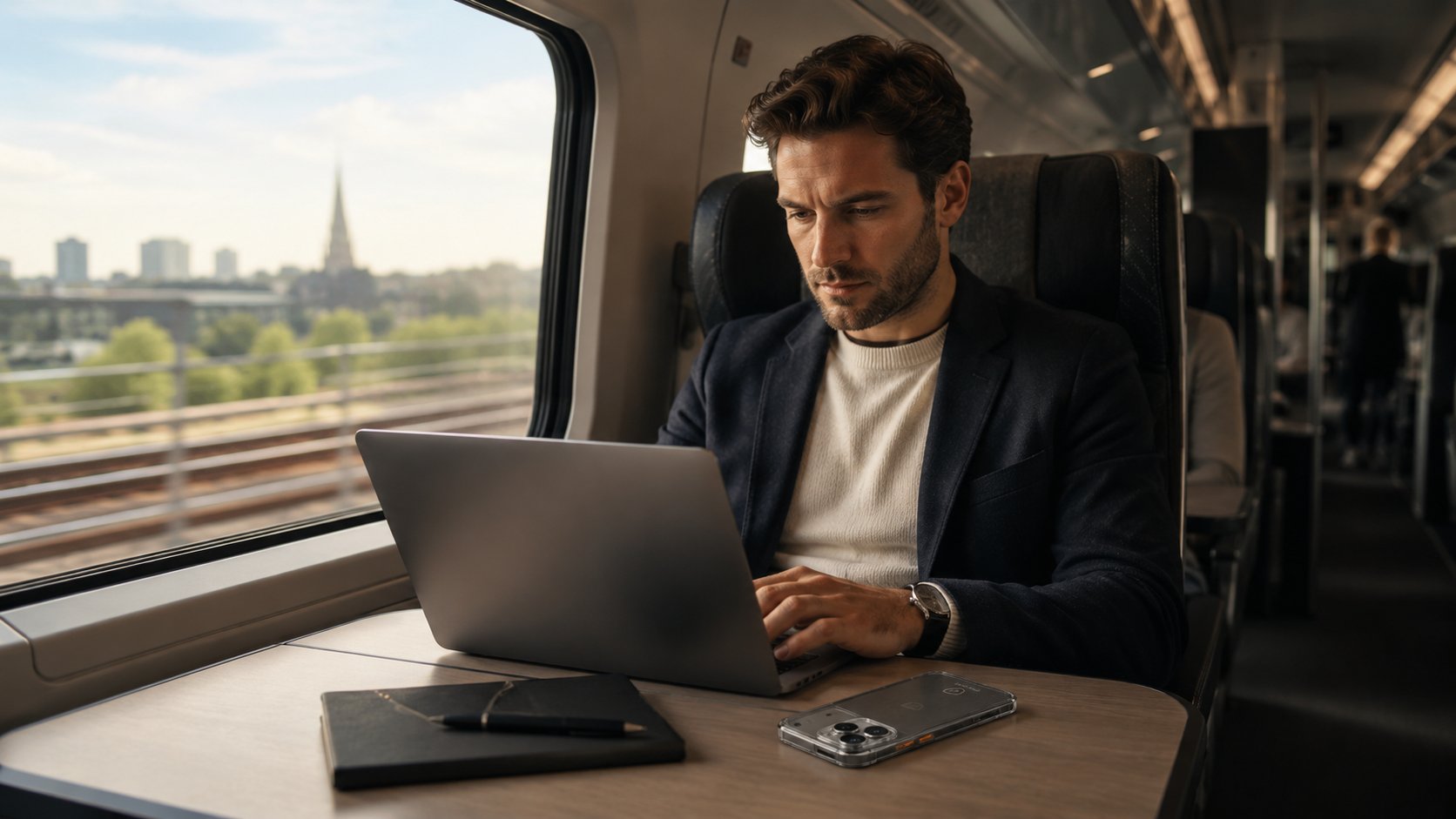 Professional arbeitet im Zug am Laptop, Smartphone griffbereit