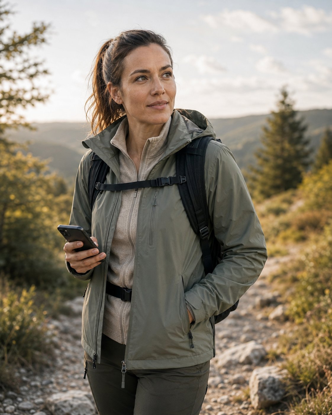 Outdoor-Aktive mit Smartphone und Rucksack auf einem Wanderweg in den Bergen