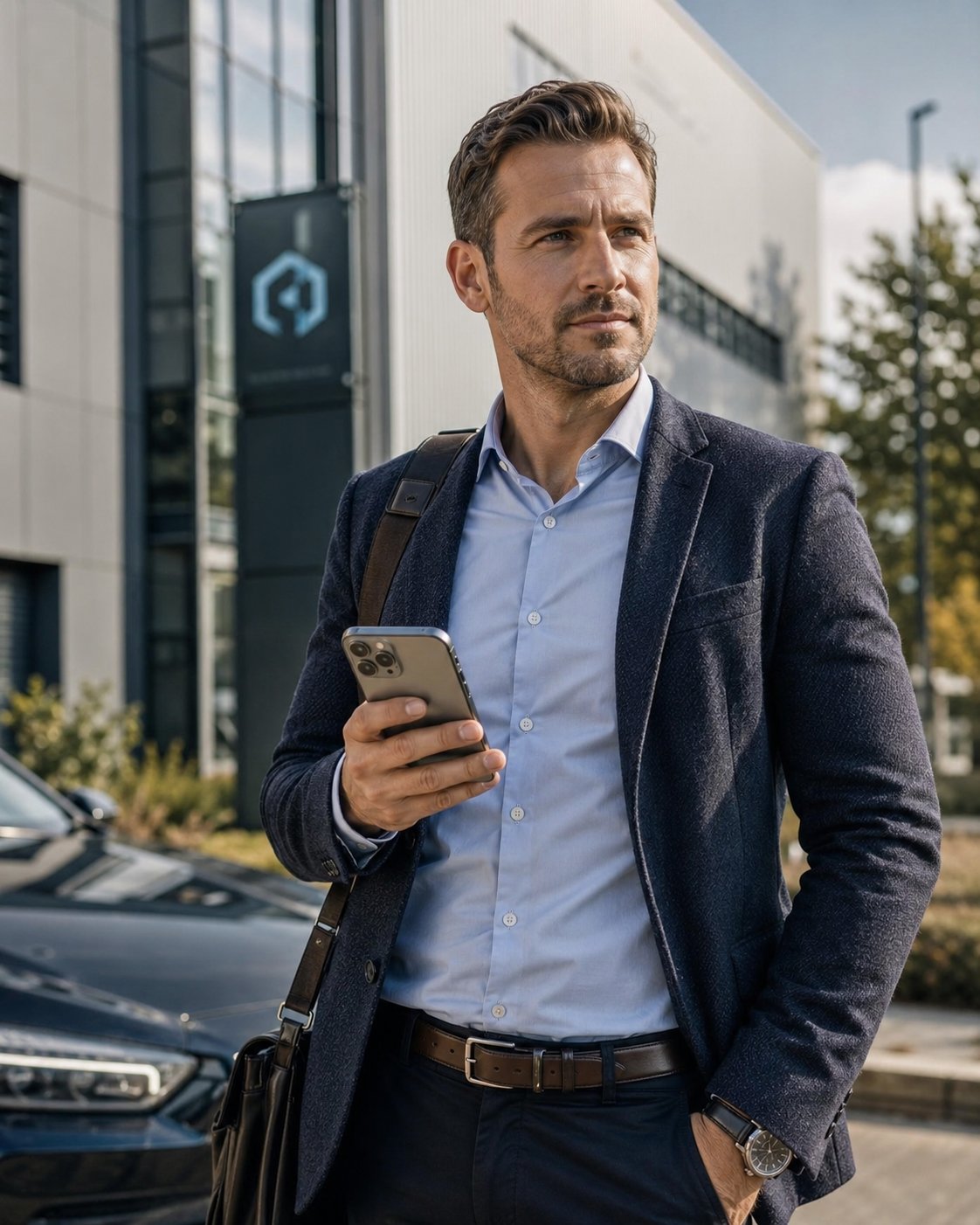 Mobil arbeitender Professional mit Smartphone, draußen vor einem Bürogebäude