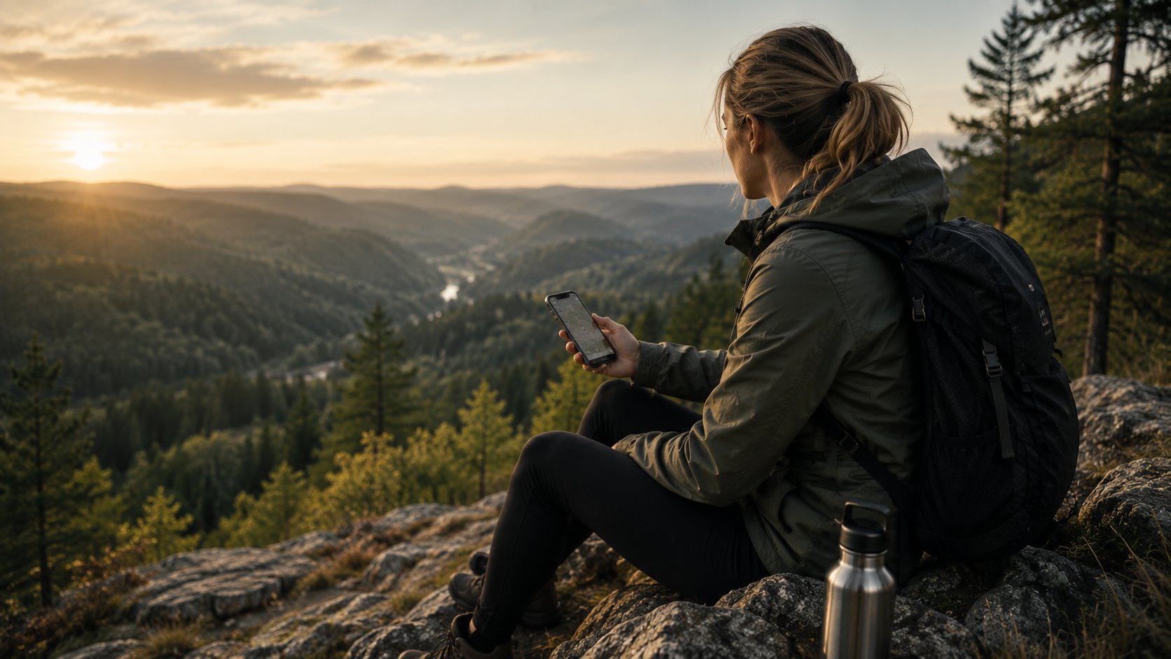 Outdoor-Aktive mit Rucksack genießt den Ausblick über ein Tal, Smartphone in der Hand