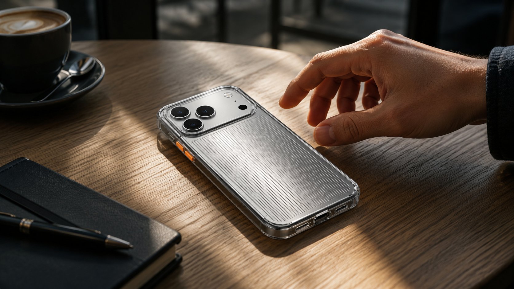 KINETO Smartphone-Hülle auf einem Tisch, hochwertige Produktinszenierung